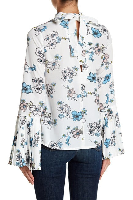 Magnolia Print Pleated Bell Sleeve Blouse