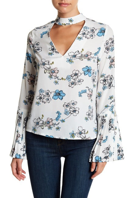 Magnolia Print Pleated Bell Sleeve Blouse